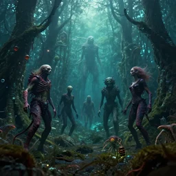 underwater end of the world acid trip forest, strange creatures walking around, by vladimir kush and giger and zdislaw