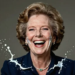 Margaret Thatcher laughing with milk splashed on face, photorealistic, cinematic