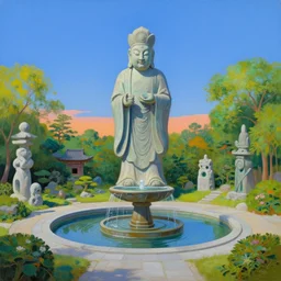 strange weird pagan japanese garden with a big ancient god fountain statue by beksinski bosch sky by damien hirst, very cohesive and vibrant, serenity, hyperminimalist, 8 k, surreal oil painting, highly detailed, dream like, masterpiece