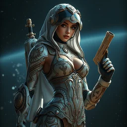 sexy merchant ornate feminine cyborg in full body skin space suit, arab helmet, concept art, joshua rife, gun, intricate, highlydetailed, space background, artstation 4 k raytracing, shadows, highlights, illumination