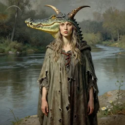 A detailed horned crocodilewoman stands near the river. Wearing a ripped mantle, robe. Perfect faces, extremely high details, realistic, fantasy art, solo, masterpiece, art by Zdzisław Beksiński, Arthur Rackham, Dariusz Zawadzki