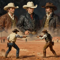 a cowboy shootout on mars by edgar maxence and caravaggio and michael whelan and delacroix style, artistic, intricate painting, cinematic lighting, hyper realistic, extremely detailed, establishing shot, 8 k resolution, dramatic lighting