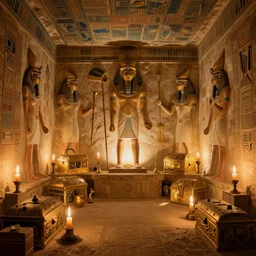 a room full of treasure in an egyptian tomb, candlelit, volumetric light, highly detailed, trending on artstation