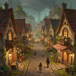 one point perspective dungeon cozy fantasy village street view by artgerm and Craig Mullins, James Jean, Andrey Ryabovichev, Mark Simonetti and Peter Morbacher 16k