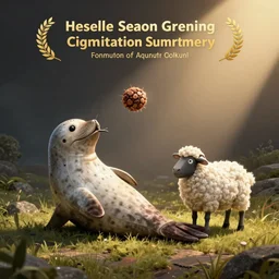 seal tossing a ball with a sheep, cartoon