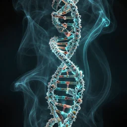 8 k uhd houdini recursive dna fractal structure, background bioluminescent swirling smoke wisps, natural palette, volumetric lighting, 1 8 mm lens