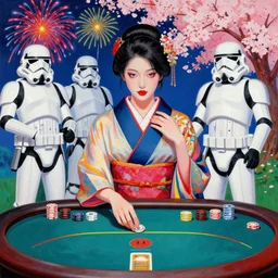 hyperrealism composition of the detailed single woman in a japanese kimono sitting at an extremely detailed poker table with stormtrooper, fireworks and sakura tree on the background, pop - art style, jacky tsai style, andy warhol style, acrylic on canvas