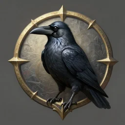 a medieval emblem illustrating a crow, diffuse lighting, fantasy, highly detailed, photorealistic, digital painting, artstation, illustration, concept art, smooth, sharp focus, in the style of tom bagshaw