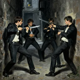 gang members and in a brawl with knifes and guns in a dark alley in the style of jean - leon gerome