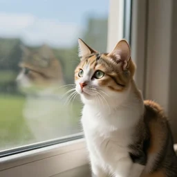 cute calico kitten looking out of the window on a [ [ [ [ [ beautiful ] ] ] ] ] summer day, featured on artstation, gorgeous!!!