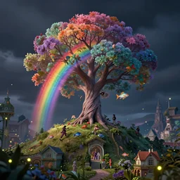 magical rainbow tree on a hill, nicoletta ceccoli, mark ryden, lostfish, max fleischer, depth of field, detailed and intricate victorian environment, 8 k resolution, fireflies, hyperrealistic, octane render