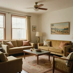 photorealistic interior of 70's living room
