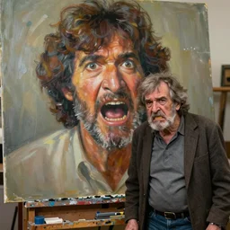 old bob ross is sad and angry and yelling at a huge painting by bob ross, enhanced eyes
