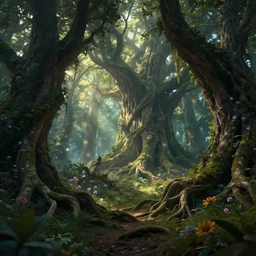 beautiful fairy City inside a ancient forrest, gnarly trees with gigantic roots and flowers , dynamic lighting, volumetric, bokeh, cinematic, establishing shot, extremly high detail, photo realistic, cinematic lighting, post processed, concept art, artstation, matte painting, style by eddie mendoza, raphael lacoste, alex ross