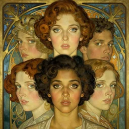 an art nouveau, ( streamline moderne ), multi - racial portrait in the style of anna dittmann and charlie bowater and clyde caldwell. very large, clear, expressive, and intelligent eyes. symmetrical, centered, ultrasharp focus, dramatic lighting, photorealistic digital matte painting, intricate ultra detailed background.