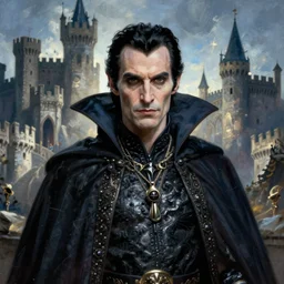 centered detailed, portrait of dracula, medieval castle, art by jean giraud and moebius, realistic, expressive emotions, cold colours