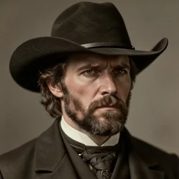 real-life face portrait clean shaven cowboy Roger Clark as Arthur Morgan furrowed brown from red dead redemption 2 dramatic lighting late 1800s Daguerreian photo by Mathew Brady