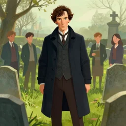 sherlock holmes standing in a graveyard, soft colours, detailed, digital art, hd, by tom bagshaw, by fintan magee, by raymond swanland, by sherree valentine daines