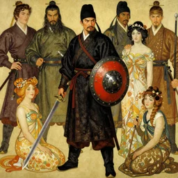 full character of a ancient chinese general hold a round shield and a sword, character design, painting by gaston bussiere, katsuya terada, nc wyeth, greg rutkowski, craig mullins, vermeer, frank frazetta, mucha, tom of finland, trending on artstation, jeffery catherine jones