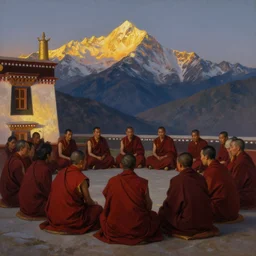 beautiful oil matte portrait painting, tibetan monks gathering in a courtyard of a tibetan temple high up in the mountains at dusk, art by anders zorn, wonderful masterpiece highly detailed, beautiful cinematic light deep focus, elegant, digital painting, smooth, sharp focus, golden ratio, dramatic illumination, ultra realistic, 8 k, art by artemisia lomi gentileschi and caravaggio