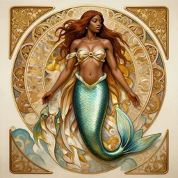 full body painting on an african mermaid, by leonardo davinci & alphonse mucha, highly detailed, smooth, digital painting, sharp focus, intricate, symmetry, masterpiece work of art, art station,