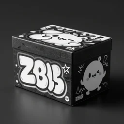 zef box design black and white color scheme, graffiti, cute characters