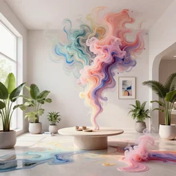 a modern indoor room full of insane detailed colorfull smoke, clean architecture, some fresh plants, table, and pictures in the wall, pastel colored, intricate detailed 3 d render, hyper realistic intricate acrilic fluid art, elegant, intense colors, wide shot, octane render, concept art, daylight, peaceful, 8 k