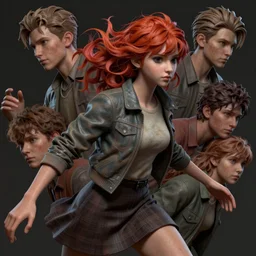 Very complicated dynamic composition, realistic gentle style at Pixiv by WLOP, ilya kuvshinov, krenz cushart, Greg Rutkowski, trending on artstation. Zbrush sculpt colored, Octane render in Maya and Houdini VFX, young redhead girl in motion, wearing jacket and skirt, silky hair, black stunning deep eyes. Amazing textured brush strokes. Cinematic dramatic soft volumetric studio lighting