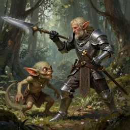 halfling knight fighting a goblin in a forest, digital painting, trending on artstation, concept art, sharp focus, illustration, award winning photograph, art by artgerm, greg rutkowski, leonardo da vinci, and magali villeneuve