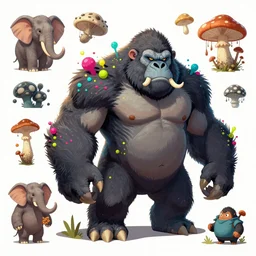 Fungi Gorilla Elephant creature character design sheet, Monster Hunter Illustrations art book, Bright colored accent on its fur, claws, muscular, spores, Moebius, Greg Rutkowski, Zabrocki, Karlkka, Jayison Devadas, Phuoc Quan, trending on Artstation, 8K, ultra wide angle, zenith view, pincushion lens effect.