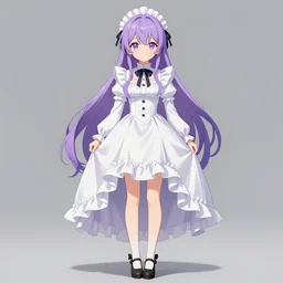full body cute bombshell anime waifu woman with lavender hair, victorian white ruffly dress. symmetrical face. symmetrical detailed defined eyes..