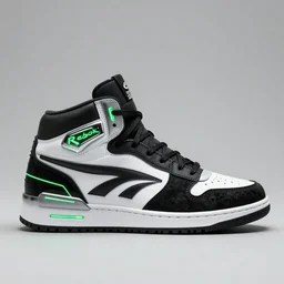looking at the side of a futuristic sneaker from Rebok, art by Scott robertson design, trending on Artstation, hightop, black and white, leather, suede, chrome, green neon, green lasers, photorealism, hyperrealism artstation