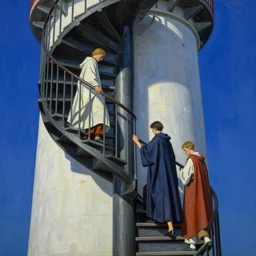 worshippers in robes ascend a spiral staircase in a lighthouse, spiral staircase, high detailed beksinski painting, part by adrian ghenie and gerhard richter. art by takato yamamoto. masterpiece, deep colours, blue