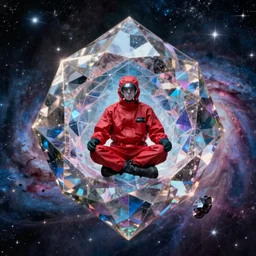 scientist wearing a red hazmat suit meditating on a giant geometric crystal hovering above a nebula by frank frazetta