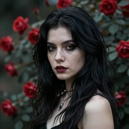 pre-raphaelite heavy metal girl with dark hair and roses in the background, blurred detail, phototaken with Nikon D750