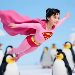 dakini as a modern fairy wearing a pink outfit, flying in the style of superman alongside penguins.