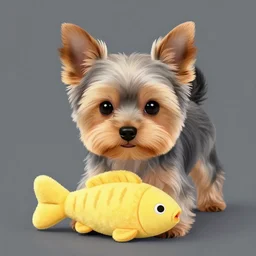 a beautiful portrait of grey puppy yorkshire terrier playing with yellow fish plush toy, digital art by eugene de blaas and ross tran, vibrant color scheme, highly detailed, in the style of romanticism, cinematic, artstation, greg rutkowski