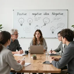 brainstorming meeting of a devil's advocate, a positive idea girl, a negative idea man, a no filter man, ink illustration, water color, intricate illustration