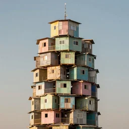 a tower made up of makeshift squatter shacks with pastel colours, vibrant, phase one, uniform plain sky, fine details, photographed by julie blackmon