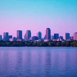 a city behind a lake. vaporwave.