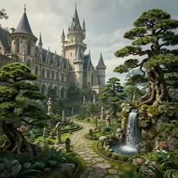 matte painting art of witch academy castle with many bonsai trees on the right with small waterfall, highly detailed garden in the middle, many stone statues, gothic building style, highly detailed, 4k, 8k resolution, trending on artstation, octane render, unreal engine, cinematic