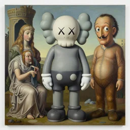 kaws figure by james jean and salvador dali and shusei nagaoka, oil on canvas, exquisitely intricate details, surrealism, neoclassicism, renaissance, hyper realistic, cell shaded, 8 k