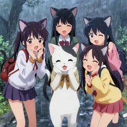 key anime visual of a catgirls having fun together, ; rain falling; group shot; trending on Pixiv