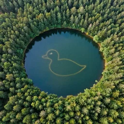a lake in the shape of a duck in the forest, bird's eye view