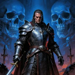 horror art, ron perlman as hell knight, giant blue skulls in the background, art by ismail inceoglu