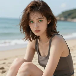 beautiful woman with brown hair and green eyes, wearing a tanktop, sitting at the beach, highly detailed, in the style of and ilya kuvshinov and greg rutkowski, high quality anime artstyle, intricate