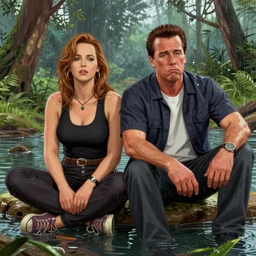 highly detailed painting of a jennifer lawrence and arnold schwarzenegger making a sad face, sitting in a rainforest river, gta 5 cover art style, 8 k, radiant light, detailed and intricate environment, trending on artstation