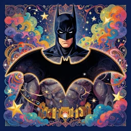 a frontal drawing of a vertical batman centered with a dark blue background and colorful clouds with stars from akira, centered, graduation album cover color palette by martine johanna and simon stalenhag and chie yoshii and casey weldon and wlop ornate, dynamic, particulate, rich colors, intricate, elegant, highly detailed, vogue, harper's bazaar art