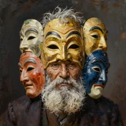 ( ( a beautiful 8 k photorealistic masterpiece oil painting ) ( of ( an old man with multiple masks ) ) ) ( hyperrealism ) ( 1 6 k ) ( trending on artstation )