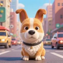 digital painting of a stupid dog in the city, genndy tartakovsky, in the style of pixar, 3 d rendering